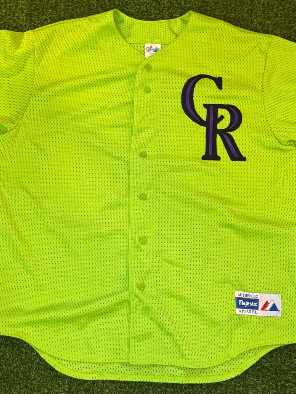 Majestic Neon Green Colorado Rockies Mesh Button-Up Jersey with Purple CR Patch - Picture 1 of 7
